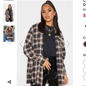 PrettyLittleThing Chocolate Checkered Pocket Detail Oversized Shirt, Size M